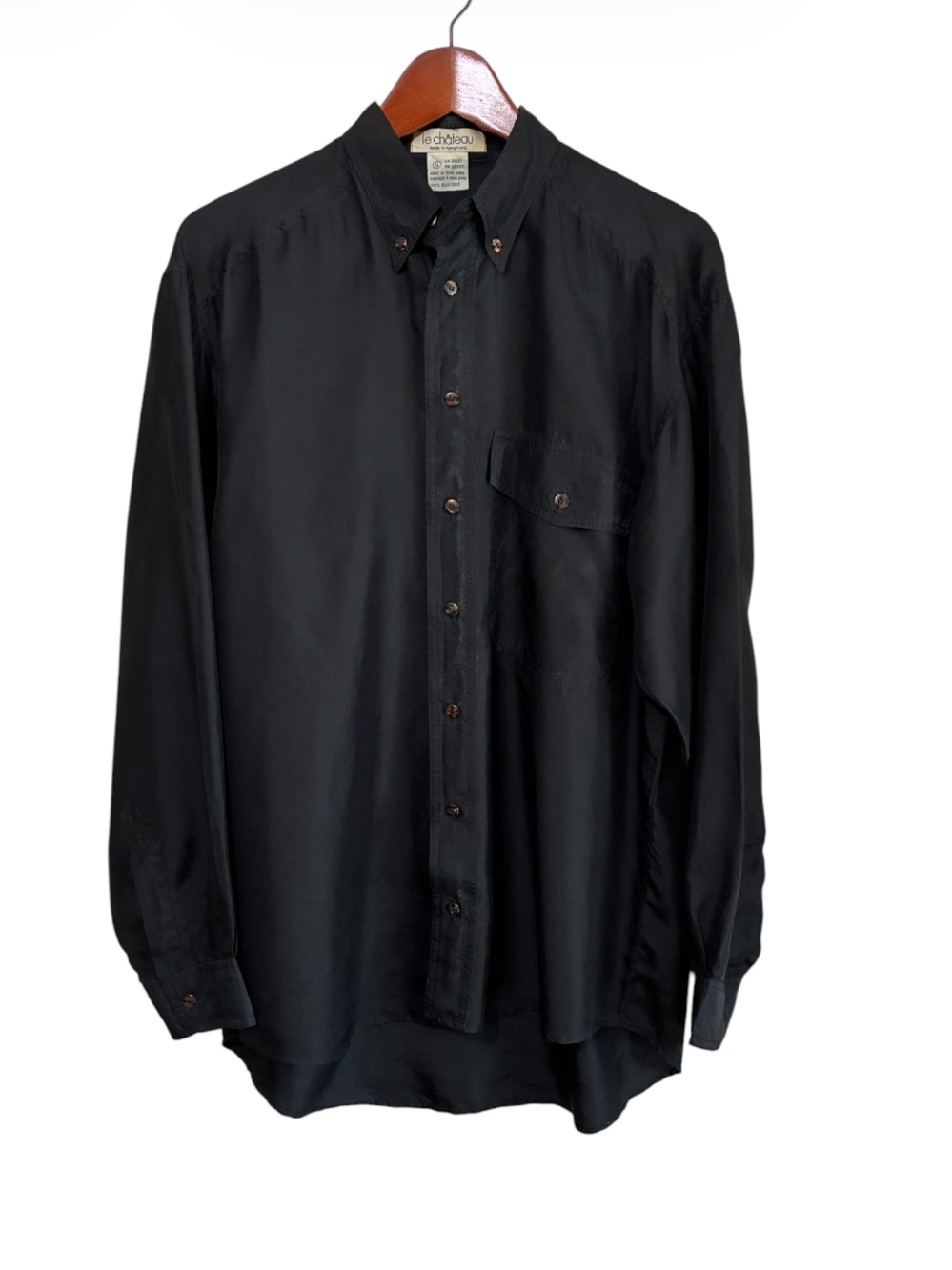 Le Château Vintage Men's Black 100% Silk Button Down Shirt Size Small Fits Large